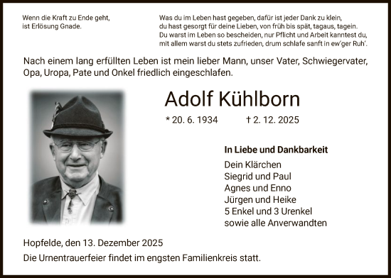 Traueranzeige von Adolf Kühlborn von HNA