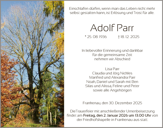Traueranzeige von Adolf Parr von HNA