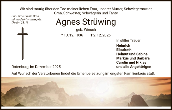 Traueranzeige von Agnes Strüwing von HNA