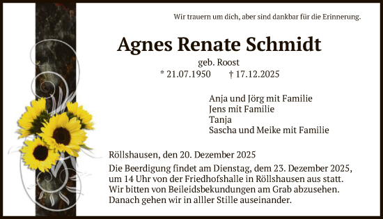 Traueranzeige von Agnes Renate Schmidt von HNA