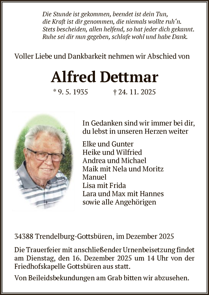  Traueranzeige für Alfred Dettmar vom 10.12.2025 aus HNA