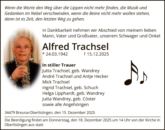 Traueranzeige von Alfred Trachsel von HNAHNA