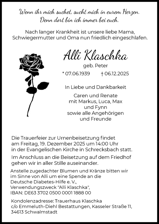 Traueranzeige von Alli Klaschka von HNA