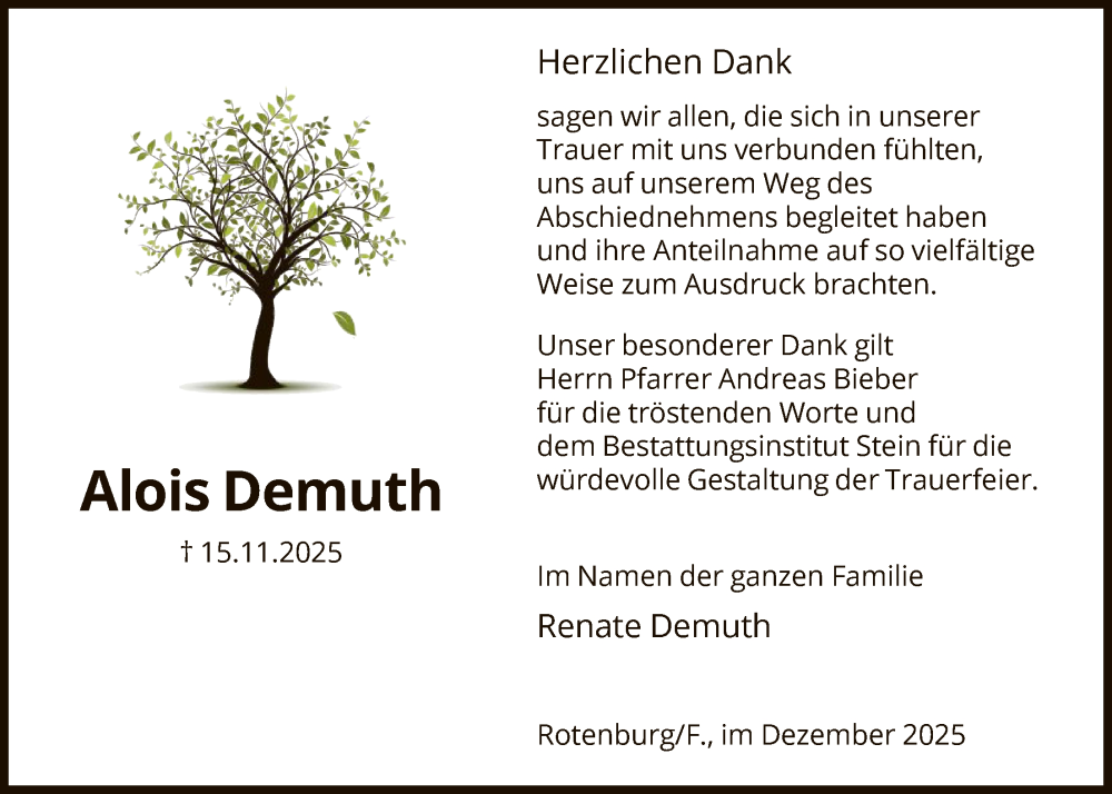  Traueranzeige für Alois Demuth vom 20.12.2025 aus HNA