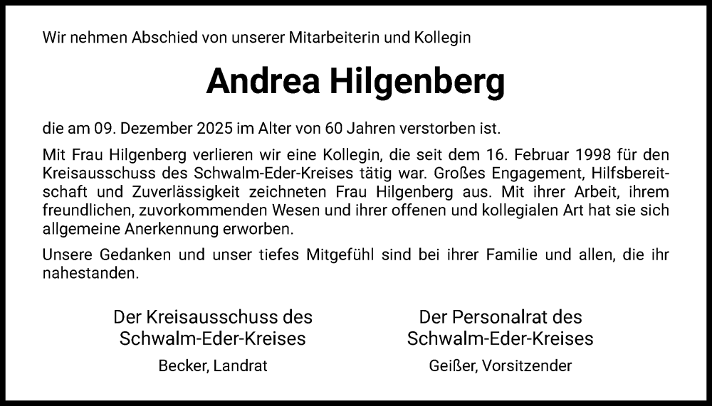  Traueranzeige für Andrea Hilgenberg vom 24.12.2025 aus HNA