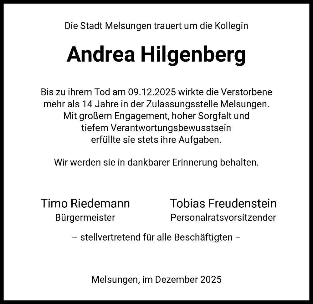  Traueranzeige für Andrea Hilgenberg vom 19.12.2025 aus HNA