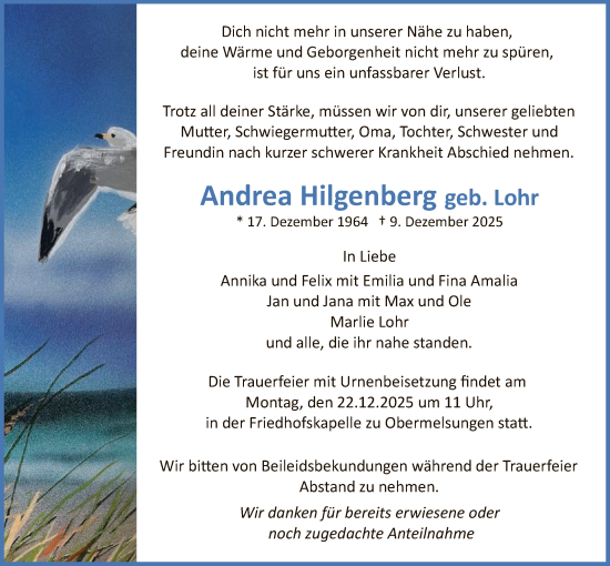 Traueranzeige von Andrea Hilgenberg von HNA