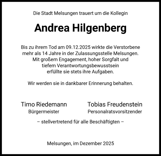 Traueranzeige von Andrea Hilgenberg von HNA