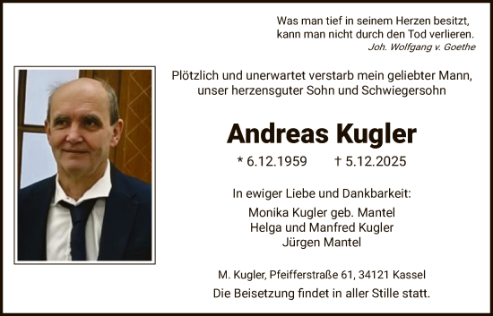 Traueranzeige von Andreas Kugler von HNA