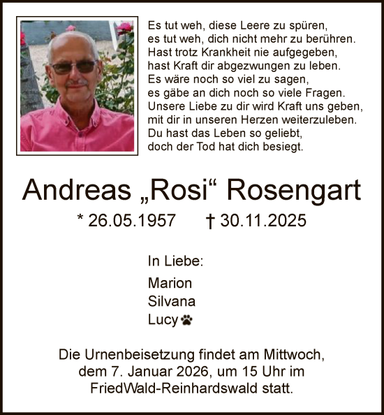 Traueranzeige von Andreas Rosengart von HNA
