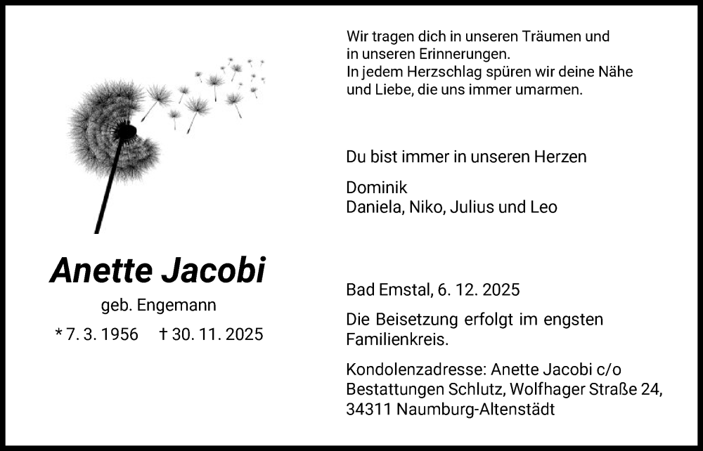  Traueranzeige für Anette Jacobi vom 06.12.2025 aus HNA