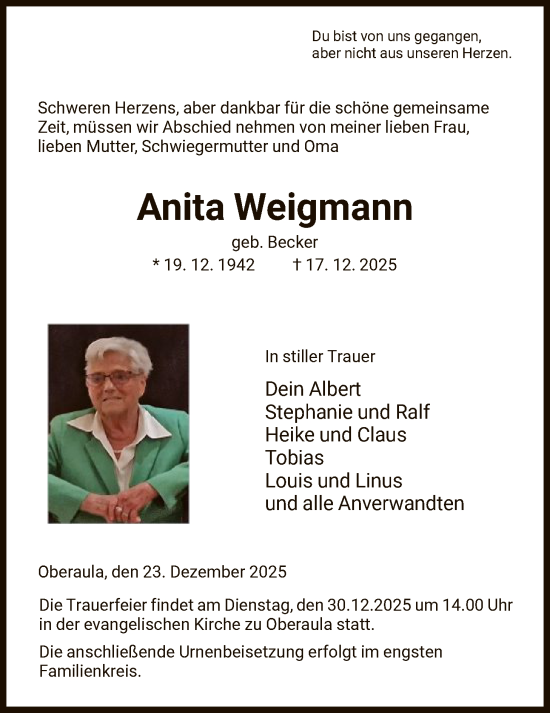 Traueranzeige von Anita Weigmann von HNAHZ