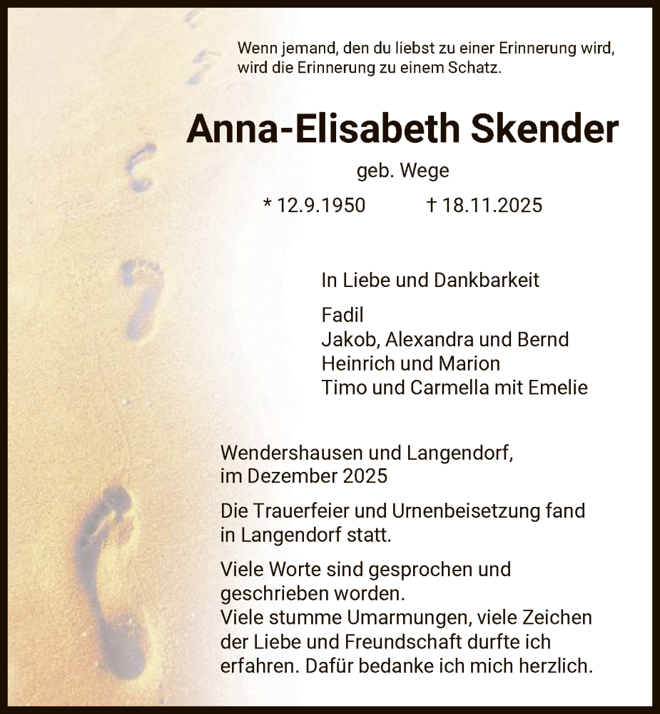  Traueranzeige für Anna-Elisabeth Skender vom 13.12.2025 aus HNA