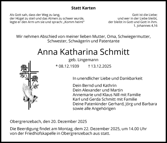 Traueranzeige von Anna Katharina Schmitt von HNA