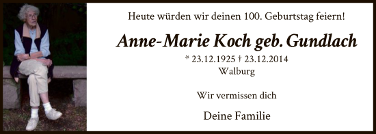 Traueranzeige von Anne-Marie Koch von HNA