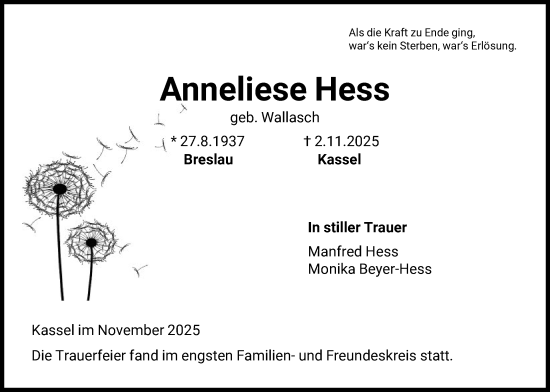 Traueranzeige von Anneliese Hess von HNA