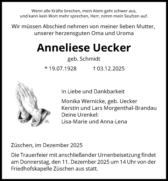 Traueranzeige von Anneliese Uecker von HNA