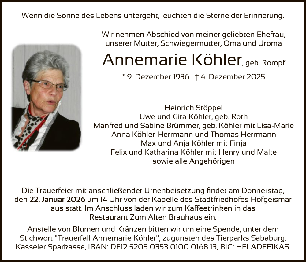  Traueranzeige für Annemarie Köhler vom 18.12.2025 aus HNA