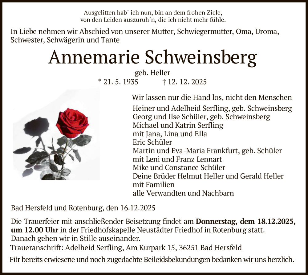  Traueranzeige für Annemarie Schweinsberg vom 16.12.2025 aus HNA