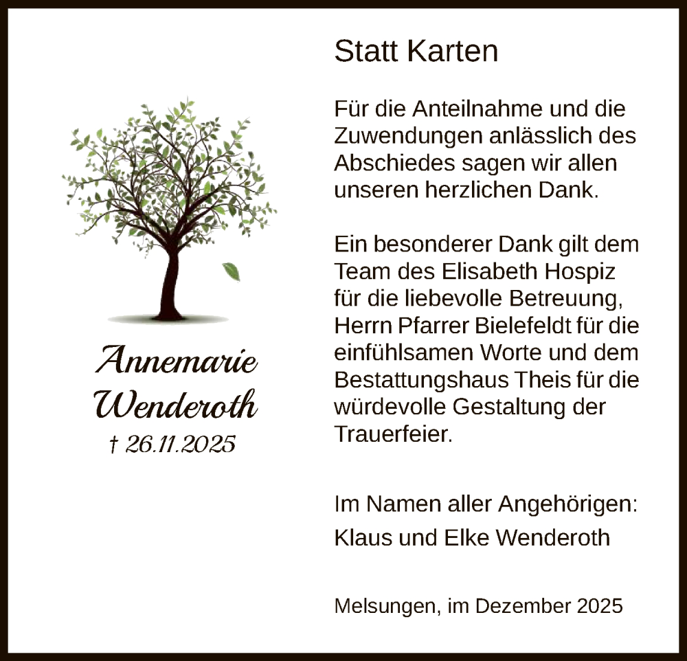  Traueranzeige für Annemarie Wenderoth vom 20.12.2025 aus HNA