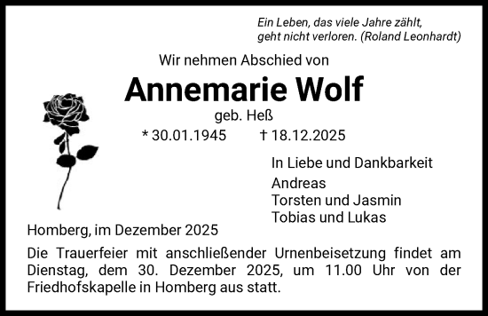 Traueranzeige von Annemarie Wolf von HNA