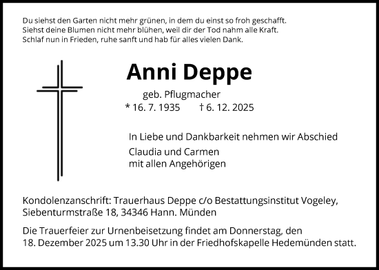 Traueranzeige von Anni Deppe von HNA