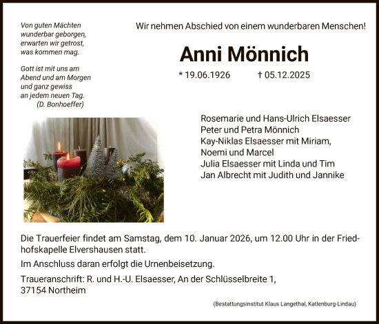 Traueranzeige von Anni Mönnich von HNA