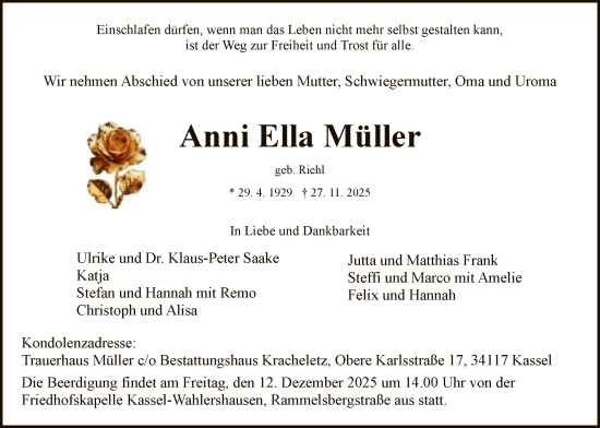 Traueranzeige von Anni Ella Müller von HNA