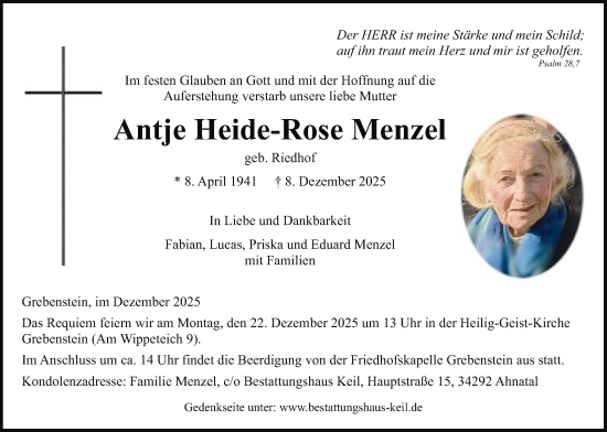 Traueranzeige von Antje Heide-Rose Menzel von HNAHNA