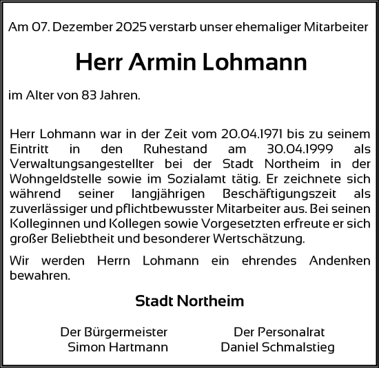 Traueranzeige von Armin Lohmann von HNA