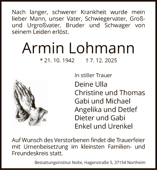 Traueranzeige von Armin Lohmann von HNA