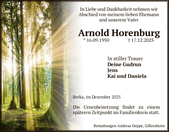 Traueranzeige von Arnold Horenburg von HNA