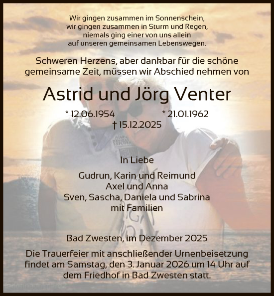 Traueranzeige von Astrid und Jörg Venter von HNA