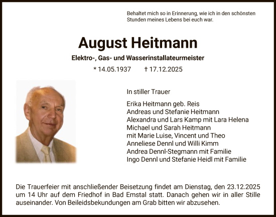 Traueranzeige von August Heitmann von HNA