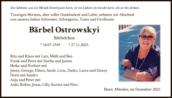 Traueranzeige von Bärbel Ostrowskyi von HNA