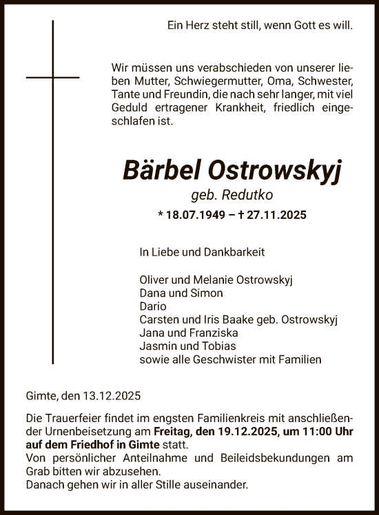 Traueranzeige von Bärbel Ostrowskyj von HNA