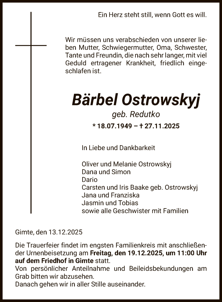  Traueranzeige für Bärbel Ostrowskyj vom 13.12.2025 aus HNA