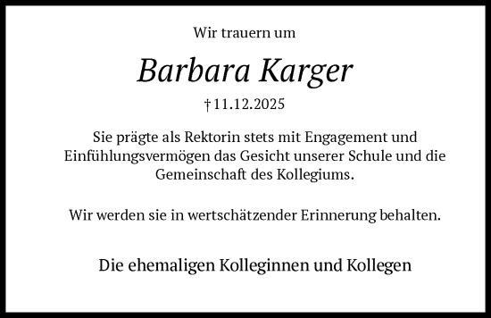 Traueranzeige von Barbara Karger von HNA