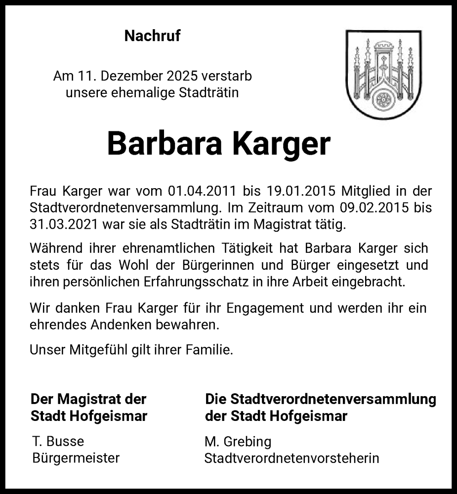  Traueranzeige für Barbara Karger vom 20.12.2025 aus HNA