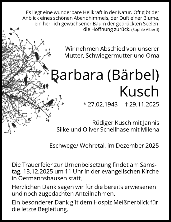 Traueranzeige von Barbara Kusch von WRSHNA