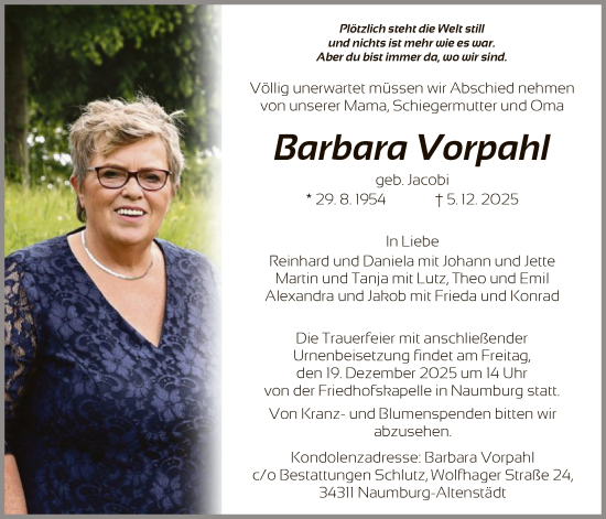 Traueranzeige von Barbara Vorpahl von HNA