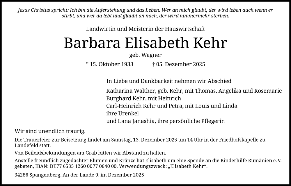  Traueranzeige für Barbara Elisabeth Kehr vom 10.12.2025 aus HNAHNA