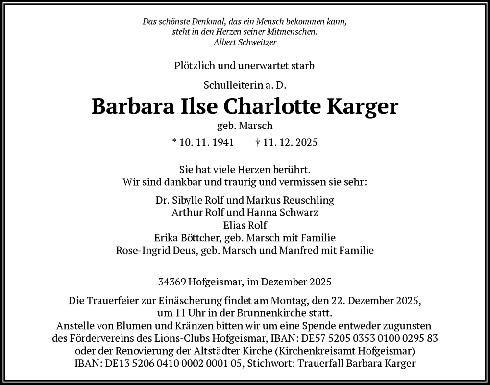  Traueranzeige für Barbara Ilse Charlotte Karger vom 19.12.2025 aus HNA