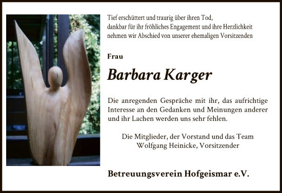 Traueranzeige von Barbara Ilse Charlotte Karger von HNA