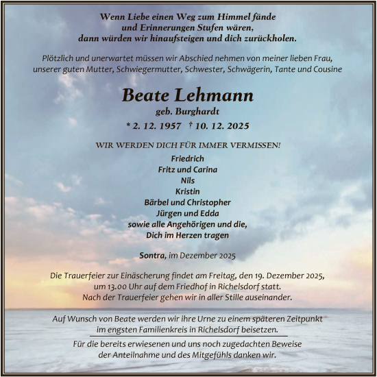 Traueranzeige von Beate Lehmann von HNAWRS