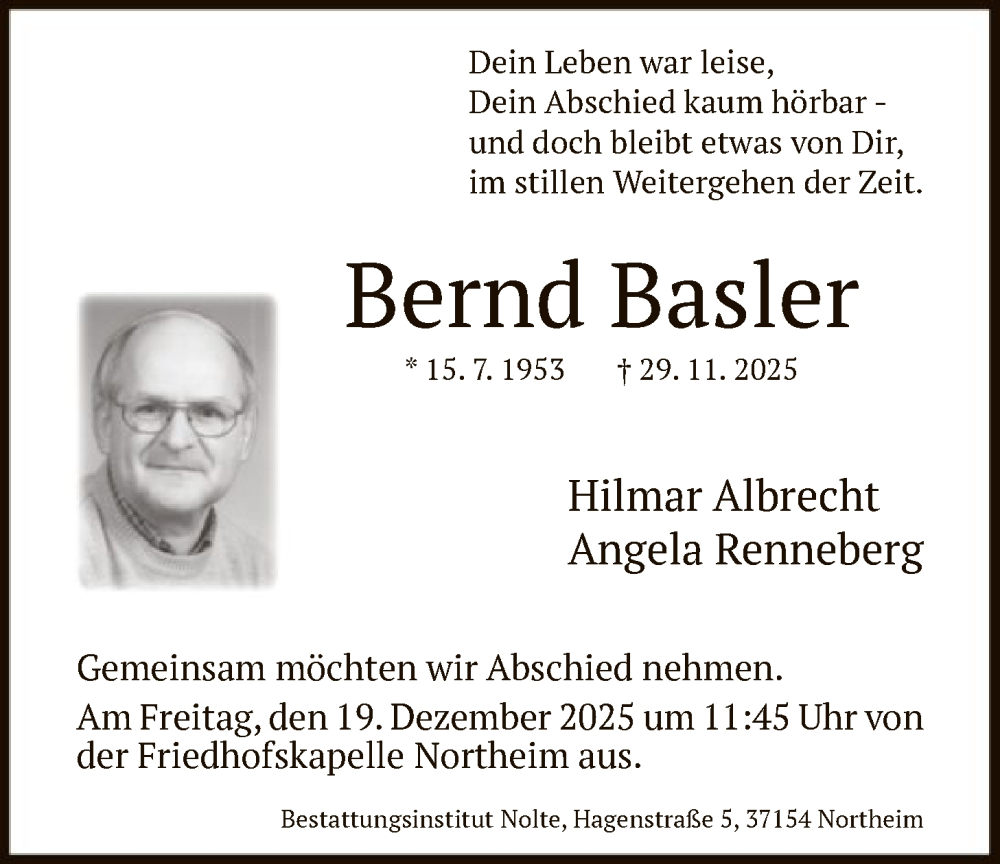  Traueranzeige für Bernd Basler vom 13.12.2025 aus HNA