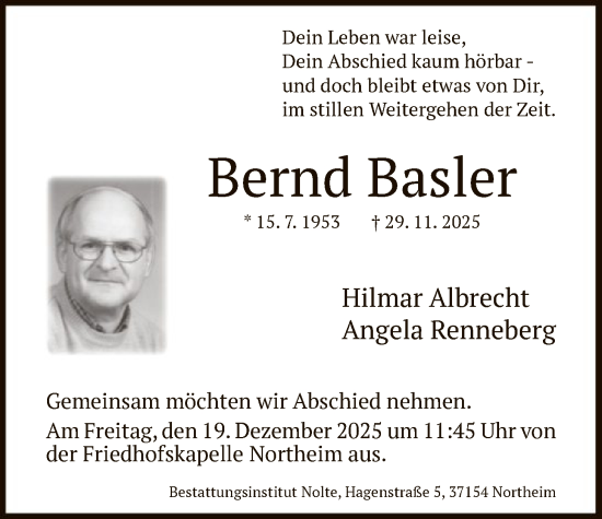 Traueranzeige von Bernd Basler von HNA