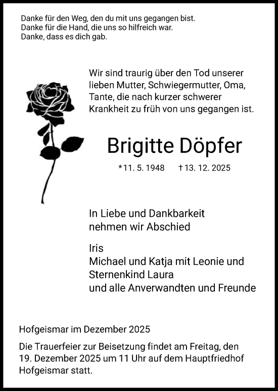 Traueranzeige von Brigitte Döpfer von HNA