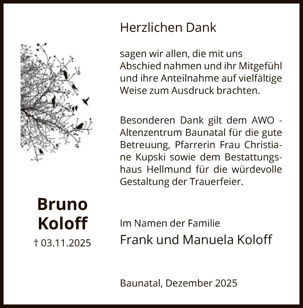  Traueranzeige für Bruno Koloff vom 06.12.2025 aus HNA