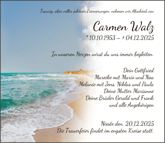 Traueranzeige von Carmen Walz von HNA